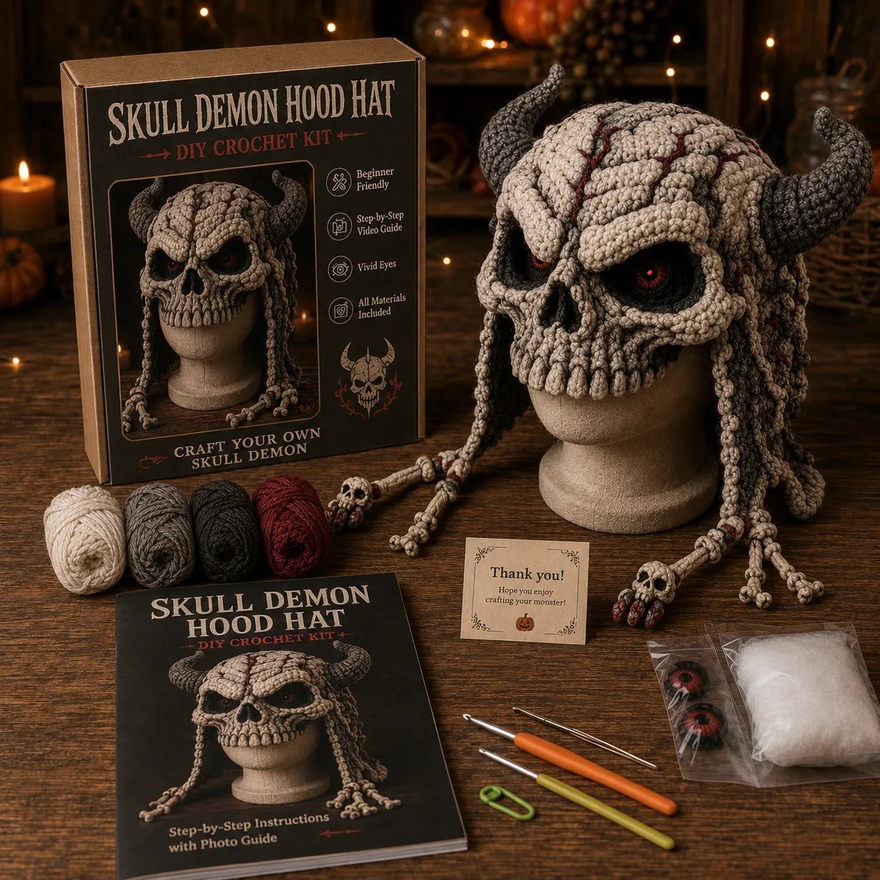 🎃 Halloween Monster Hood DIY Crochet Kit | Premium Soft Yarn Materials with Step-by-Step Guide DIY Handmade Wearable Character Hood 🧶🎭✨