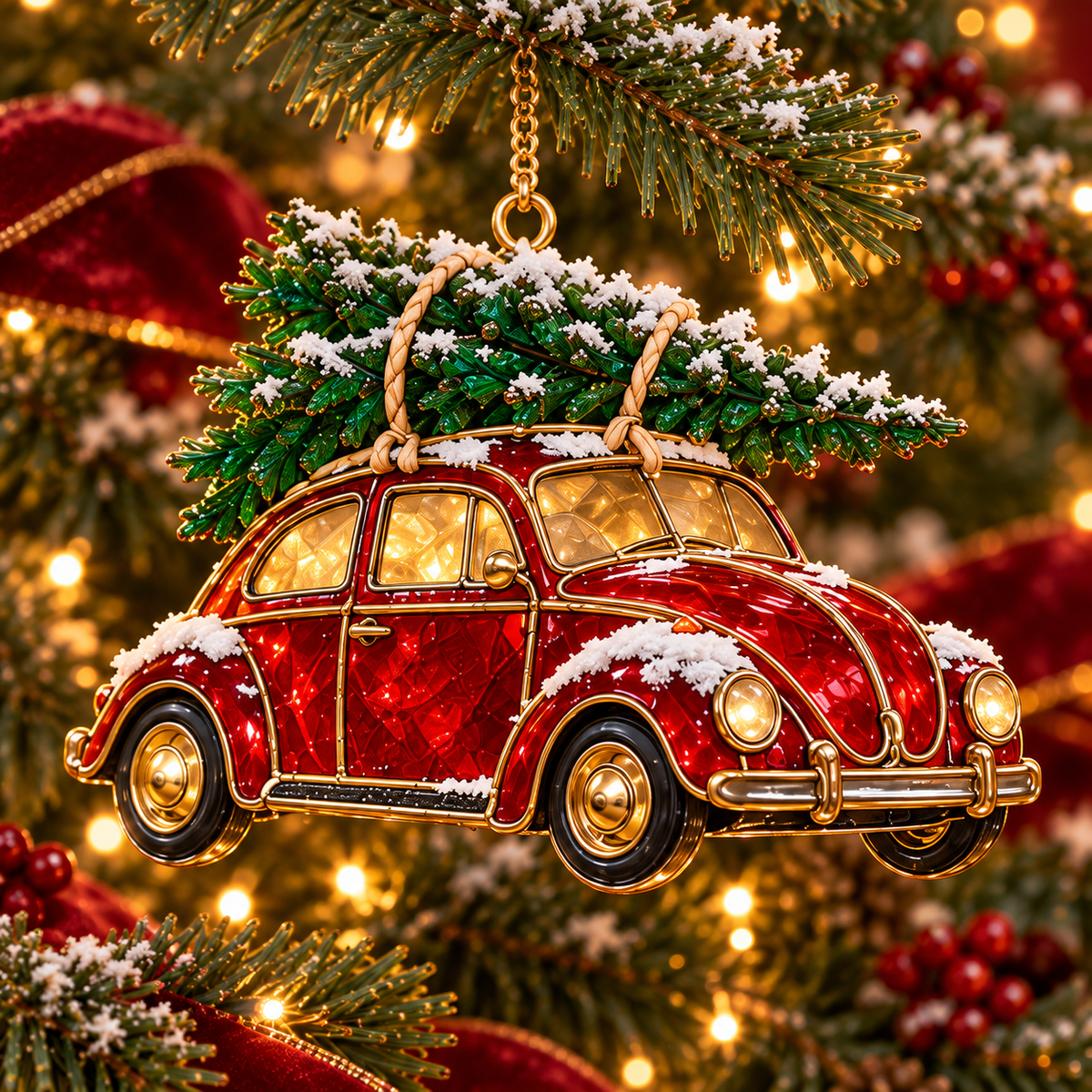 Vintage Christmas Rides – 6-Piece Stained-Glass Style Car Ornament Set