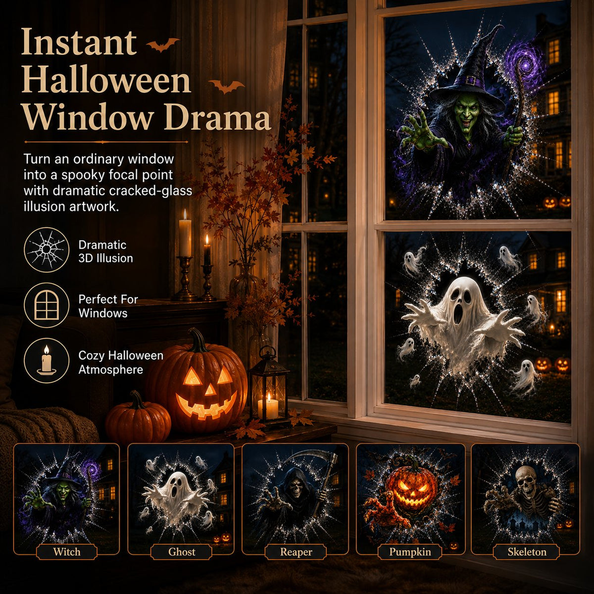 🎃 2026 Halloween Window Decals – 3D Crack Glass Spooky Decorations for a Haunted Halloween Scene