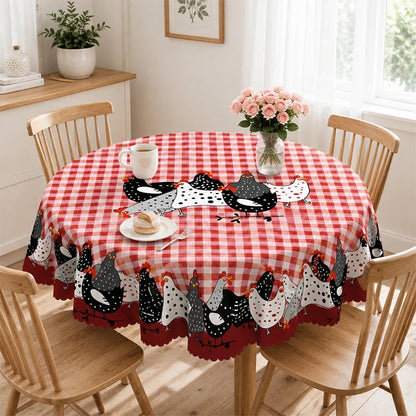 🔥HOT SALE🔥🐓 Farmhouse Rooster Tablecloth – Red Buffalo Plaid Chicken Table Cover, Spill Proof & Scalloped Lace Edge ✨