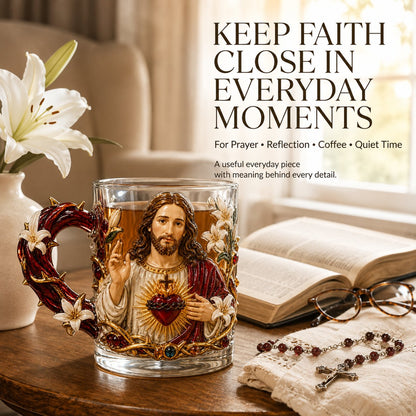 ⏳ Last Day 49% OFF – ✝️ 3D Christian Devotional Glass Mug Collection | 12oz Premium Clear Glass with Raised Jesus & Virgin Mary Figures, Sculptural Details & Jewel-Inspired Accents ✨