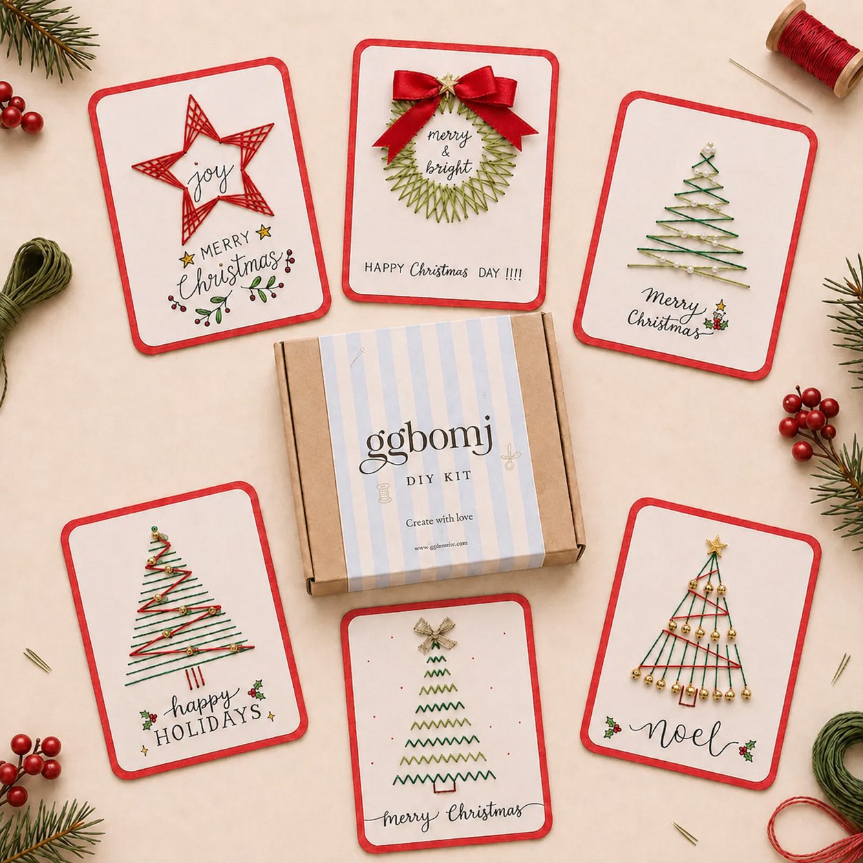 Christmas String Art Greeting Card DIY Kit – 6-Piece Stitching Set