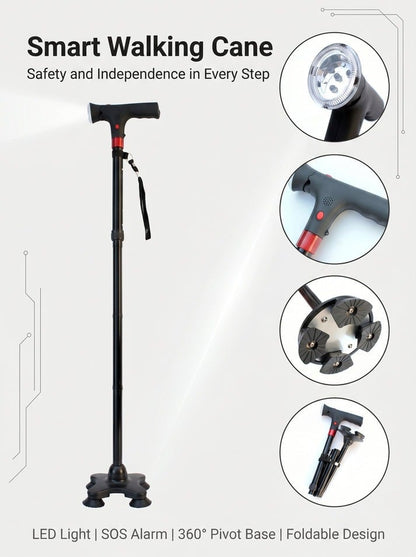 🔥 Must-Have Senior Smart Cane – Foldable Aluminum with LED Light & Quad Anti-Slip Feet