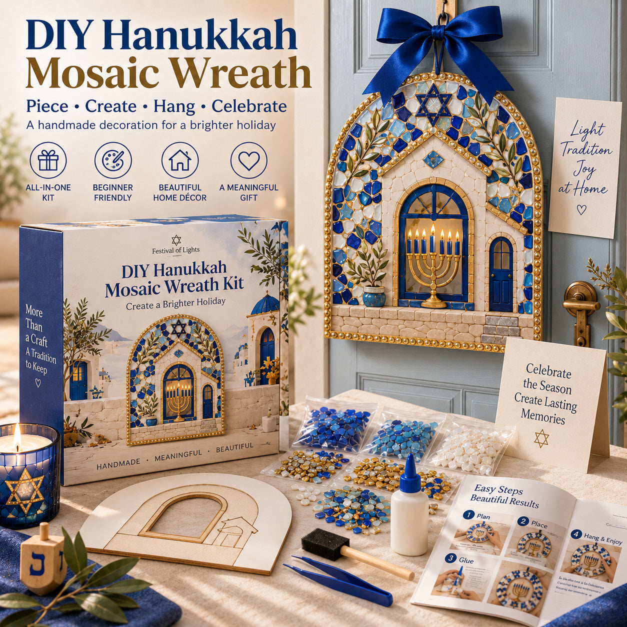 🕎 DIY Hanukkah Mosaic Wreath Kit – 6 Festive Designs for Holiday Home Décor