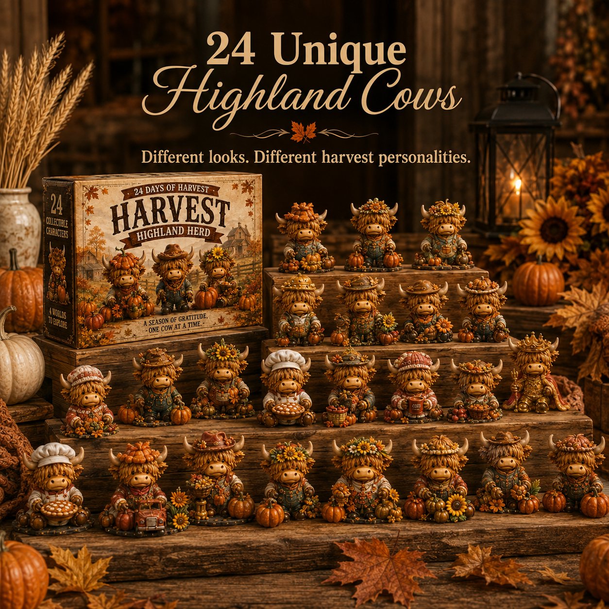 🍂 24-Day Highland Cow Harvest Countdown Calendar Blind Box – 24 Collectible Fall Figurines🐮🎃