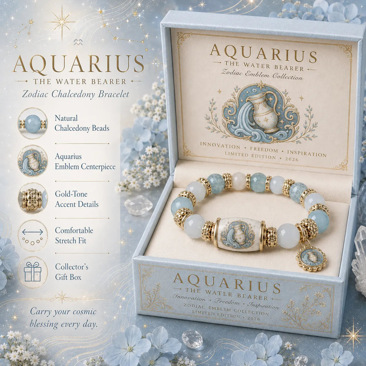 ⏳ Last Day 49% OFF – ♈ 12 Zodiac Natural Chalcedony Bracelet Collection | 10–12mm Gemstone Beads, Symbolic Zodiac Charm, Stretch Fit & Collector’s Gift Box Included ✨