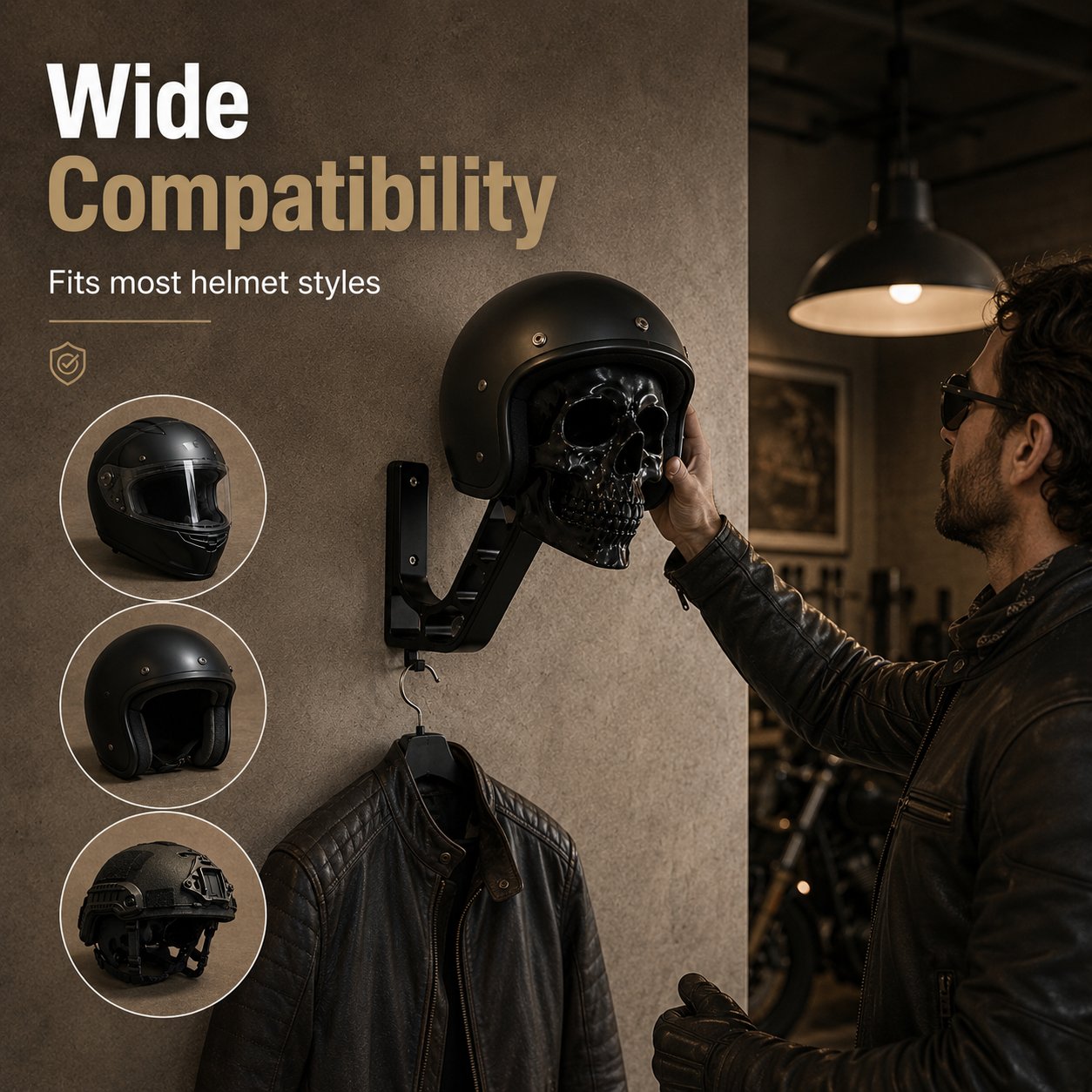 Skull motorcycle helmet wall mount as biker wall art
