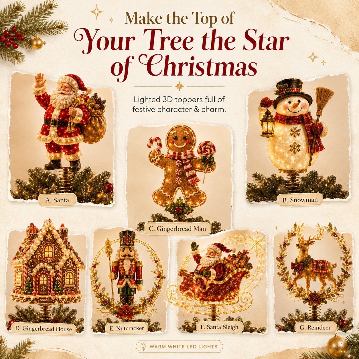 Lighted Christmas Tree Topper Collection – 7 Festive Character Designs