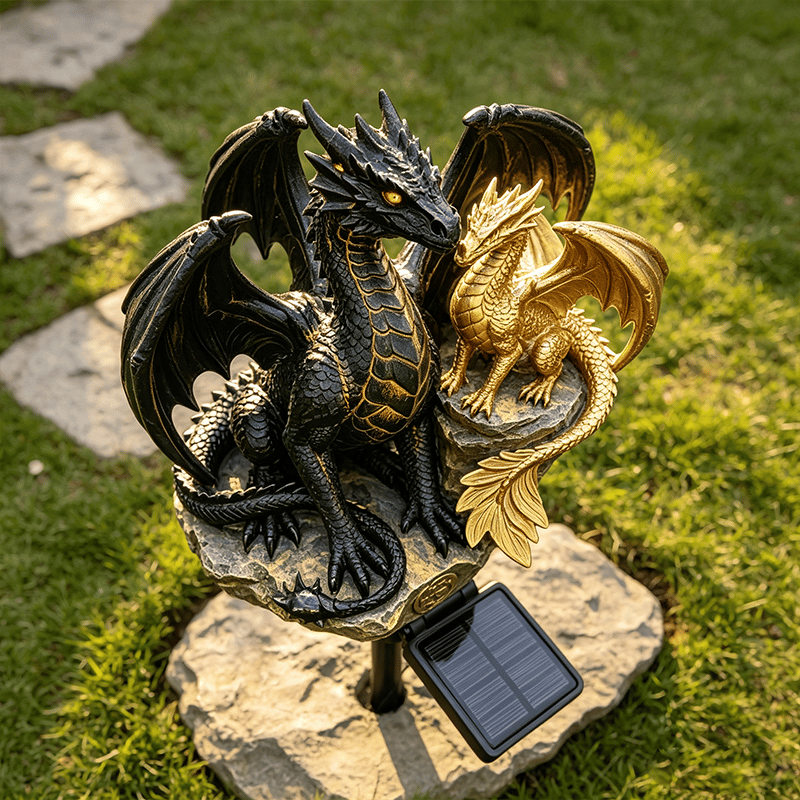 🐉 Solar-Powered Twin Dragon Garden Sculpture Light-Fantasy Outdoor Decor • Twin Ember Glow Edition