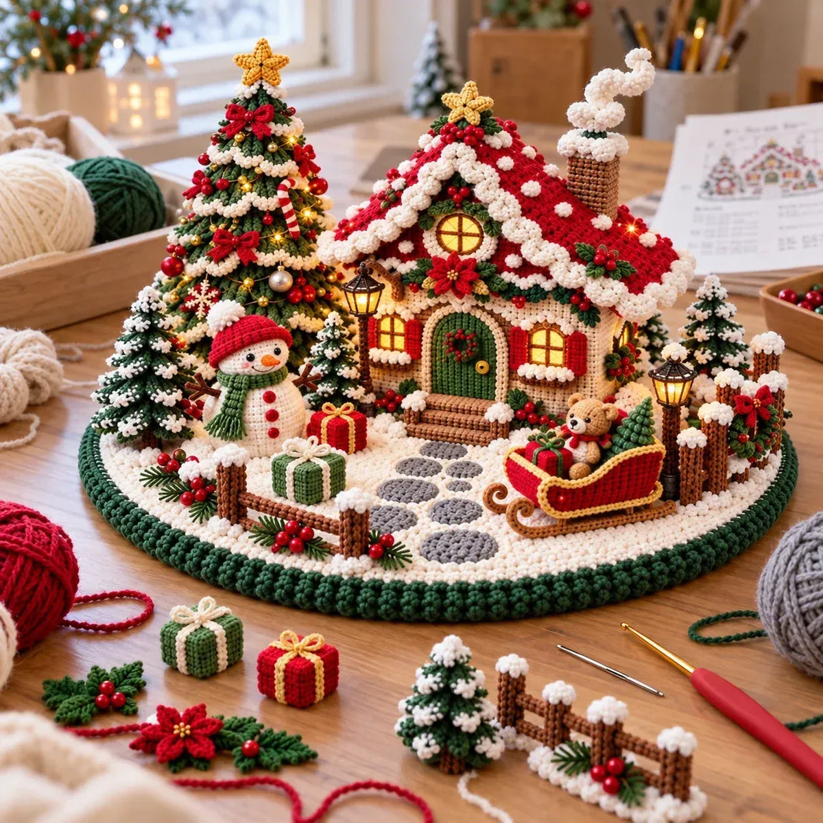 Crochet pattern for a festive winter village with a chalet – Amigurumi