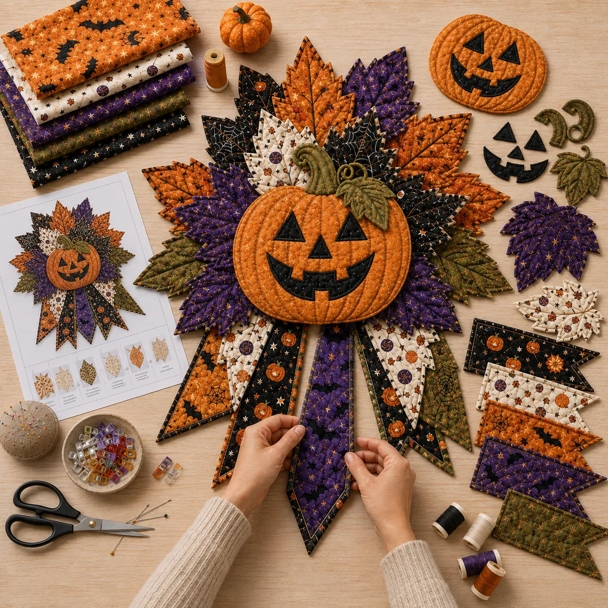 🎉 Holiday Celebration 50% OFF - 🎃DIY Quilted Halloween Pumpkin Door Hanger Sewing Kit | Make Oversized Seasonal Front Door Decor