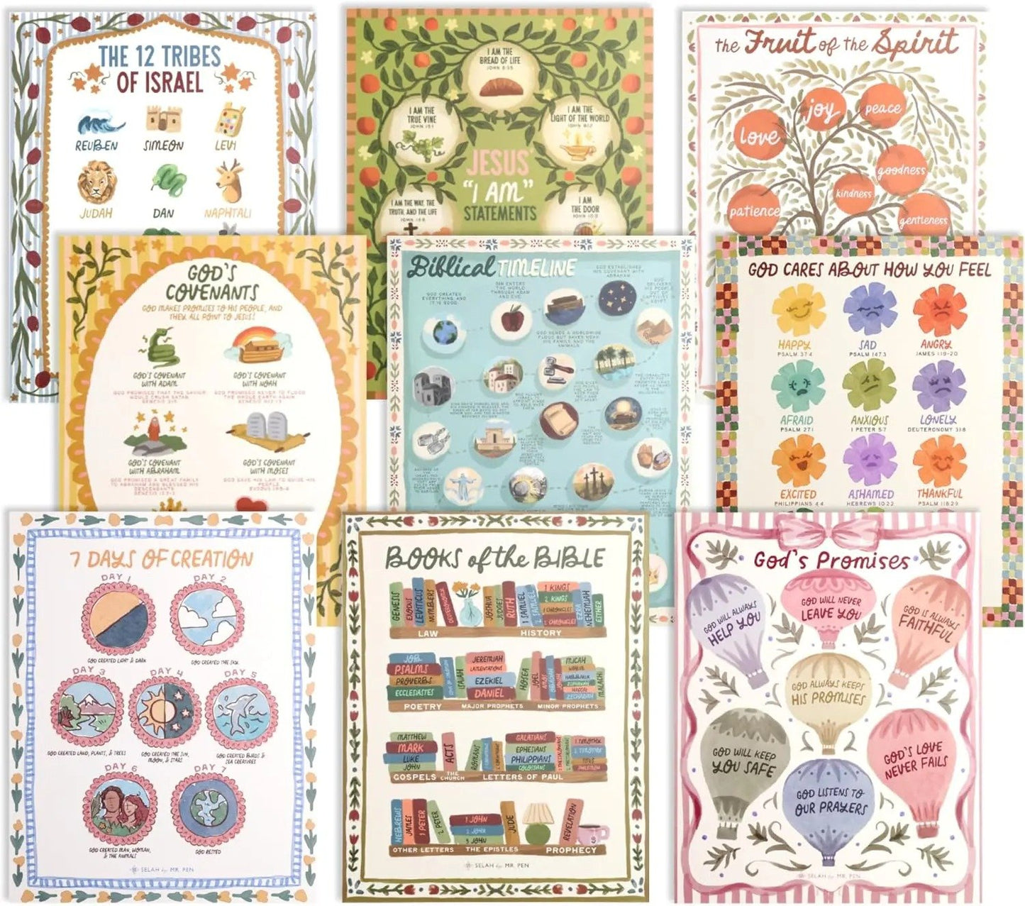✝️15 Pack Hand-Drawn Kids Bible Posters 📜 | Sunday School Homeschool Decor | 🙏NIV Bible Translation