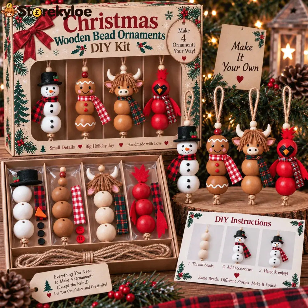 🔥hot Sale🔥🎄 Christmas Wooden Bead Ornament Diy Kit – Set Of 4