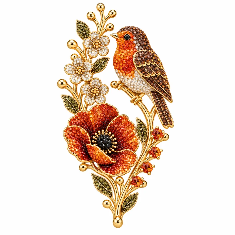 🐦 Robin & Poppy Crystal Vintage Brooch | Holiday Bird Jewelry