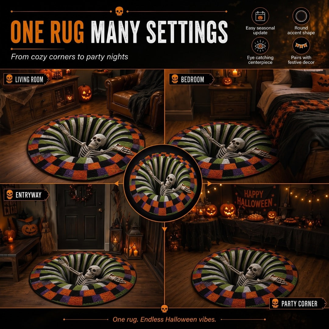 🎃3D Skeleton Vortex Quilted Round Halloween Rug