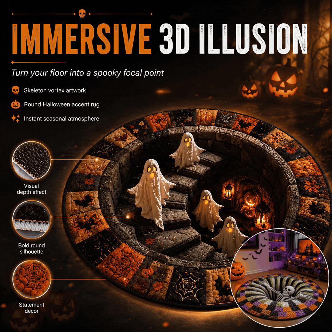 🎃3D Skeleton Vortex Quilted Round Halloween Rug