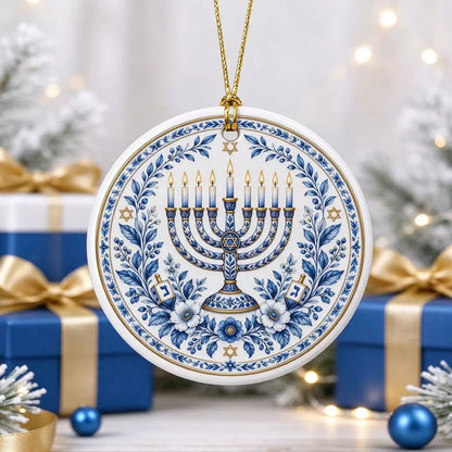 Blue & White Hanukkah Menorah Ceramic Ornament