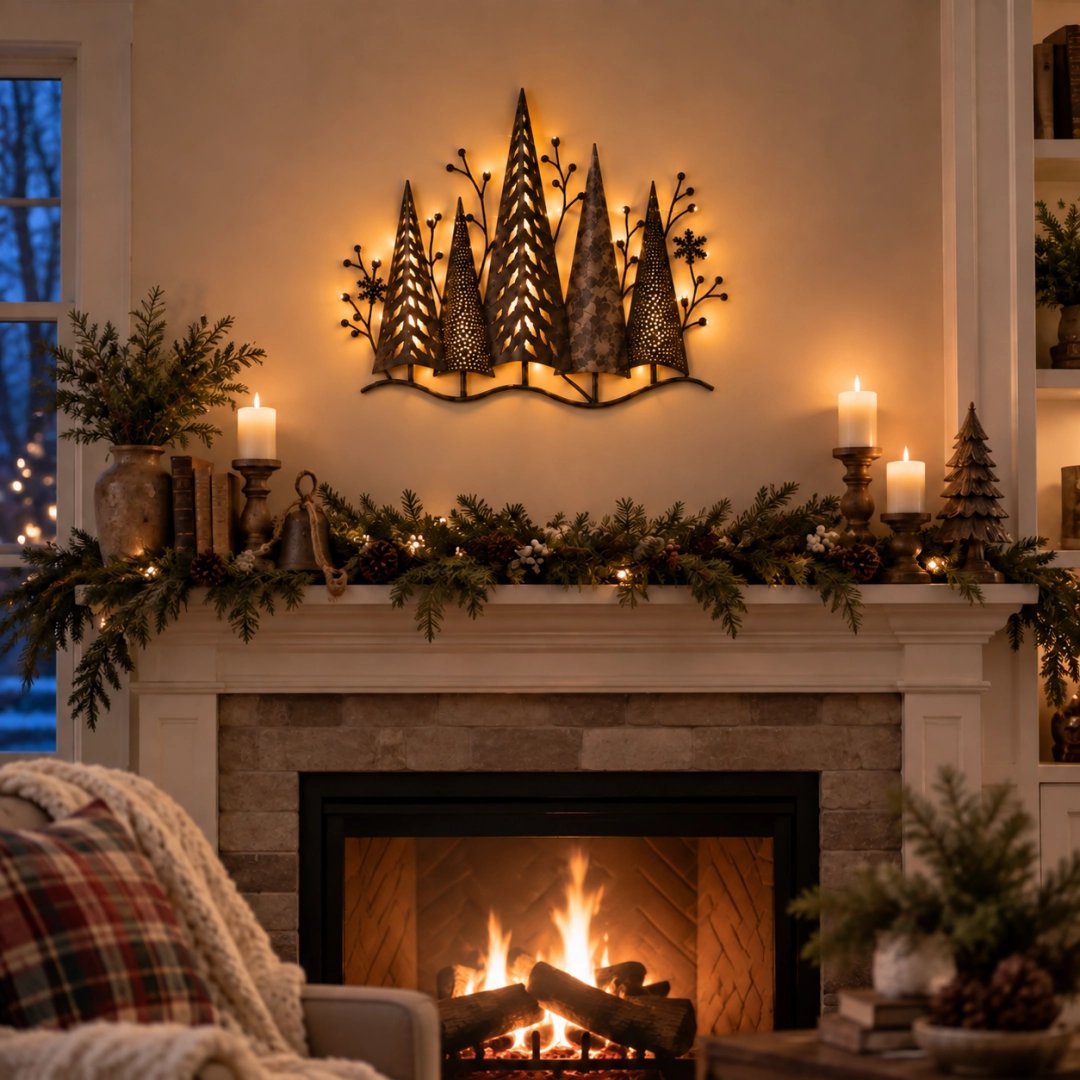 🎄🕯️Vintage metal wall decoration with forest motif and lighting🌙
