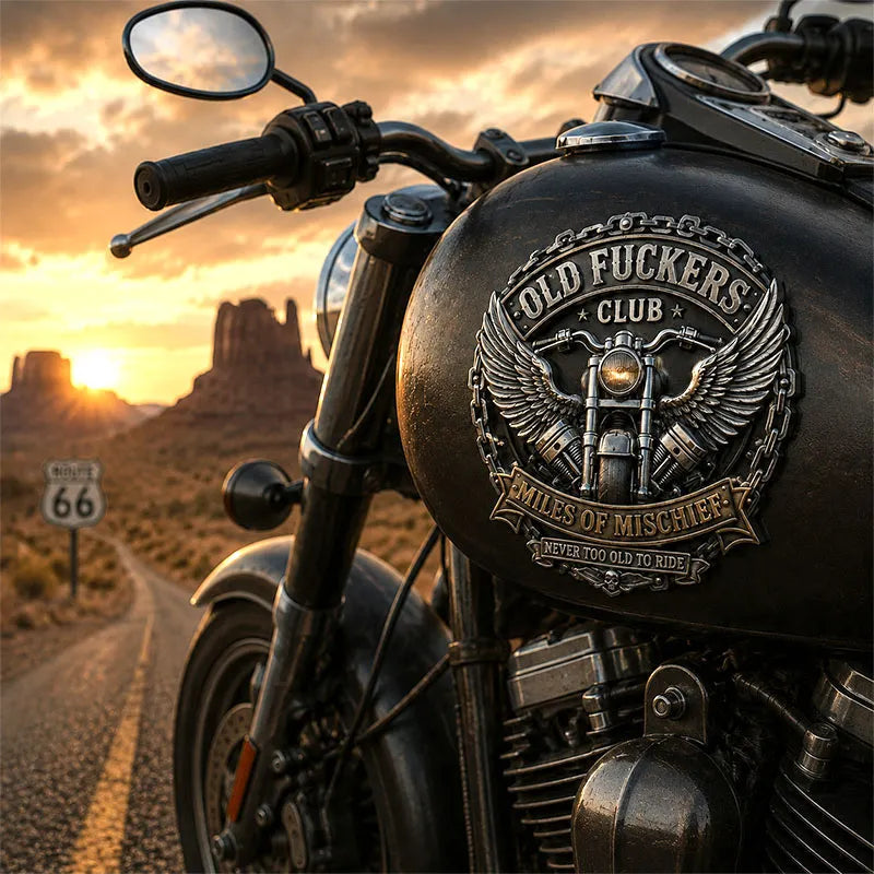 Old Fuckers Club – Miles of Mischief Motorcycle Emblem | Ride with Pride