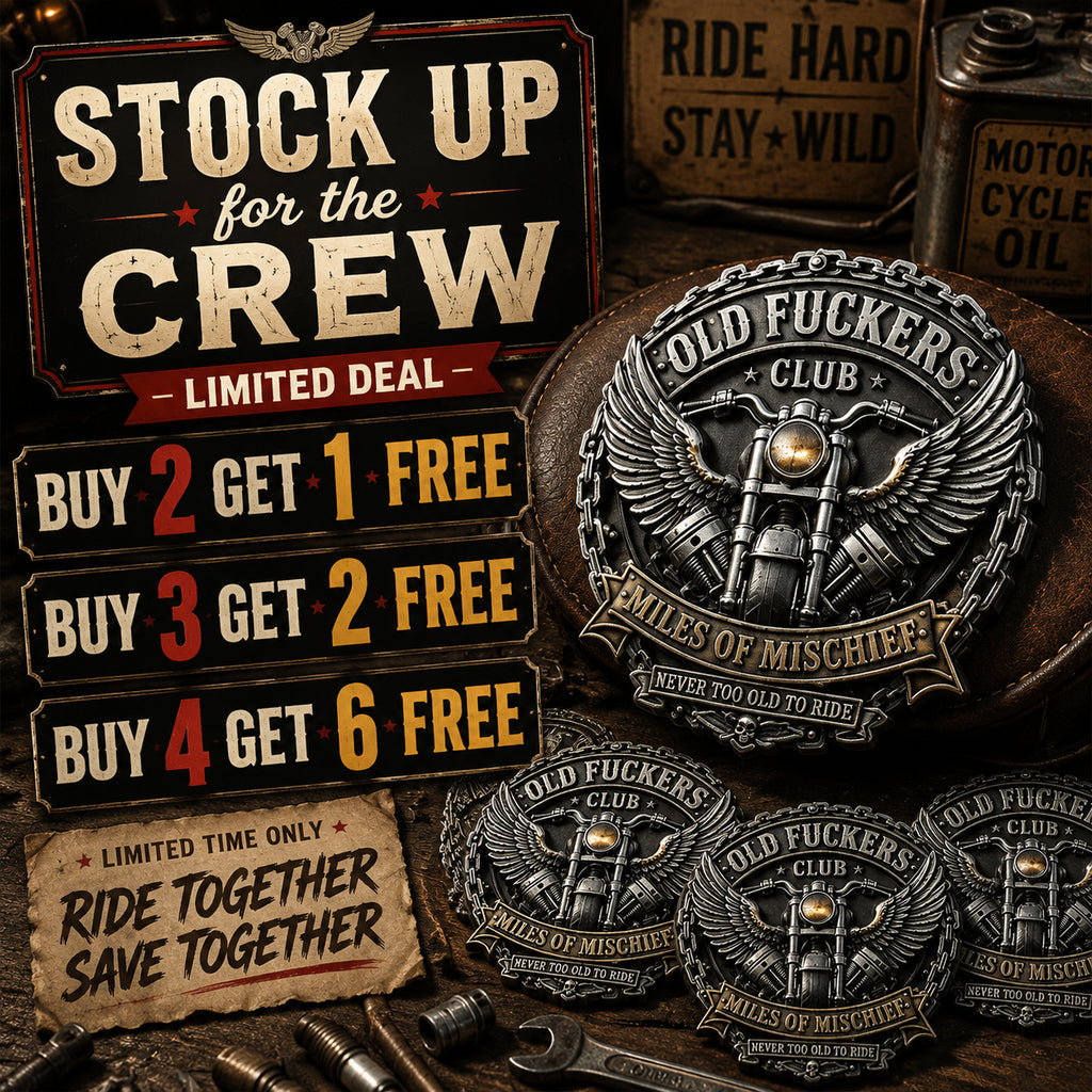 Old Fuckers Club – Miles of Mischief Motorcycle Emblem | Ride with Pride
