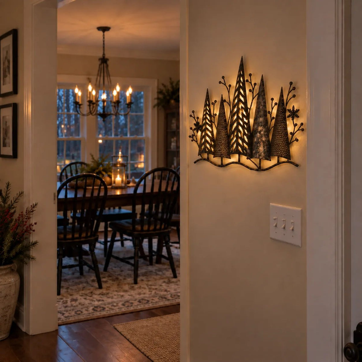 🎄🕯️Vintage metal wall decoration with forest motif and lighting🌙