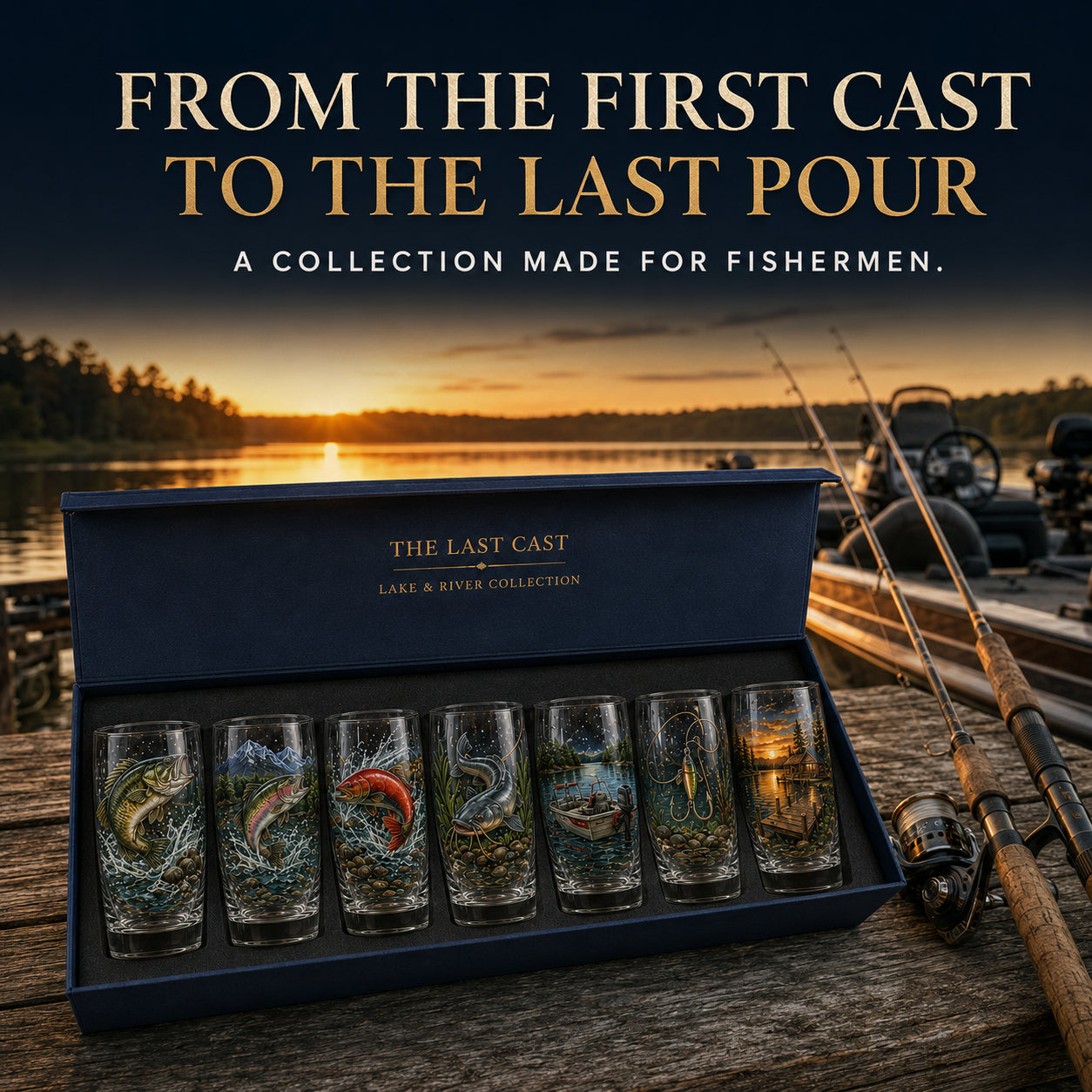 🎣 The Last Cast Collection – 7-Piece Fishing Pint Glass Gift Set for Fishermen