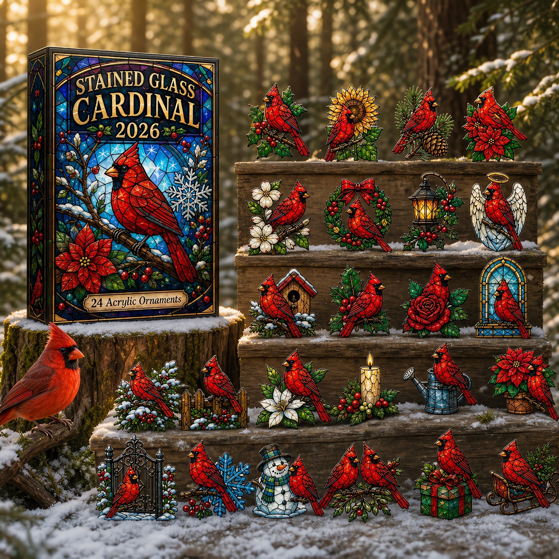 Stained Glass Cardinal Advent Calendar 2026 - 24-Day Festive Countdown, Acrylic Charms Blind Box
