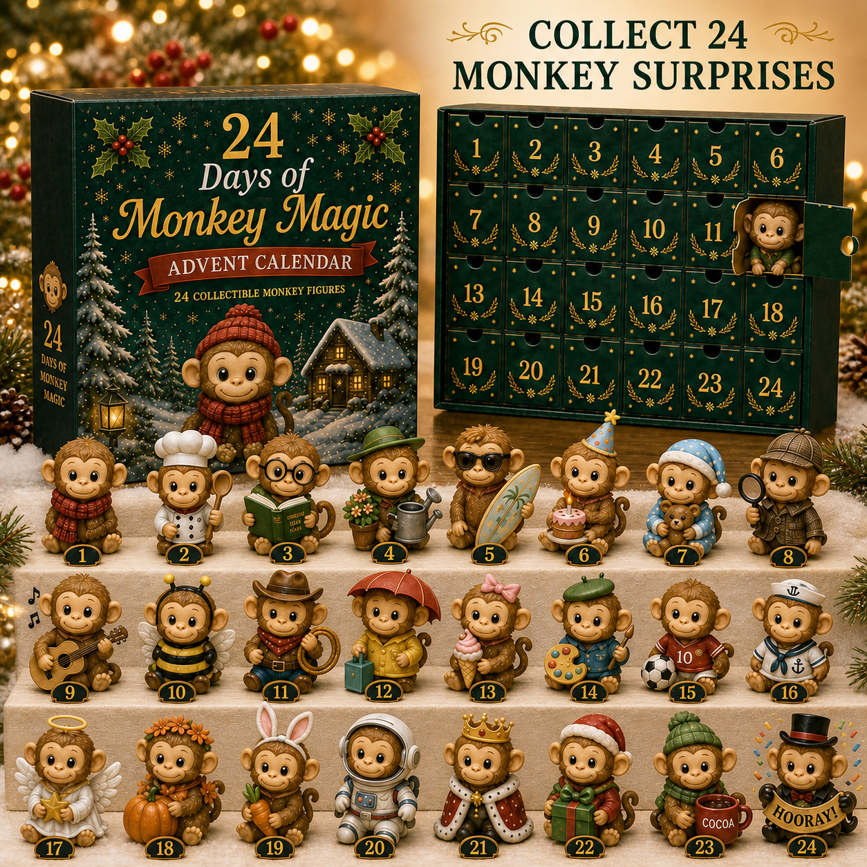 24 Days of Monkey Magic Advent Calendar – 24 Collectible Monkey Figurines Christmas Countdown Surprise Box