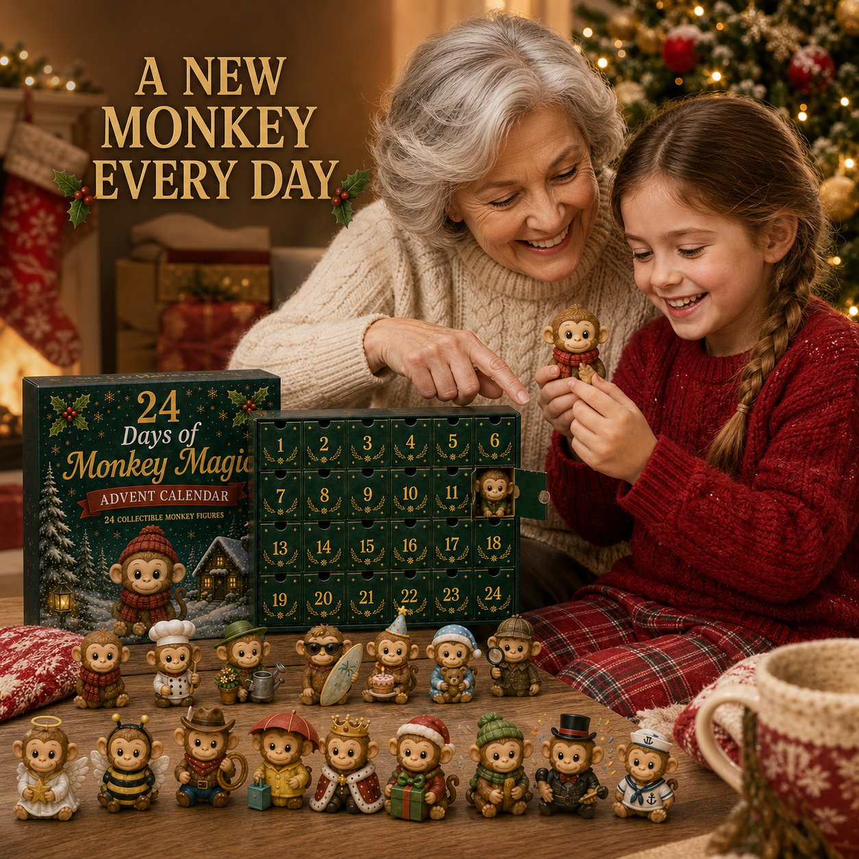 24 Days of Monkey Magic Advent Calendar – 24 Collectible Monkey Figurines Christmas Countdown Surprise Box