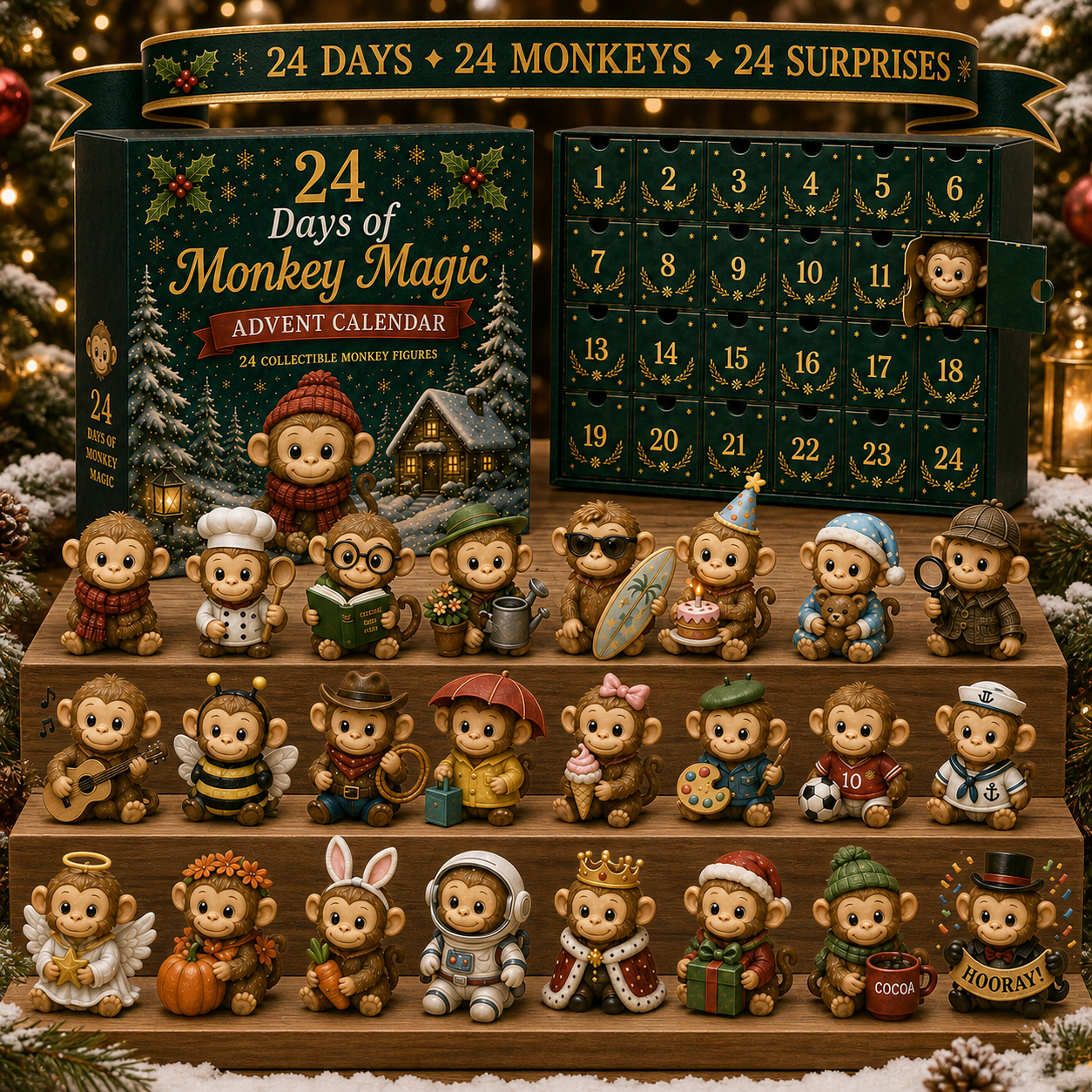 24 Days of Monkey Magic Advent Calendar – 24 Collectible Monkey Figurines Christmas Countdown Surprise Box