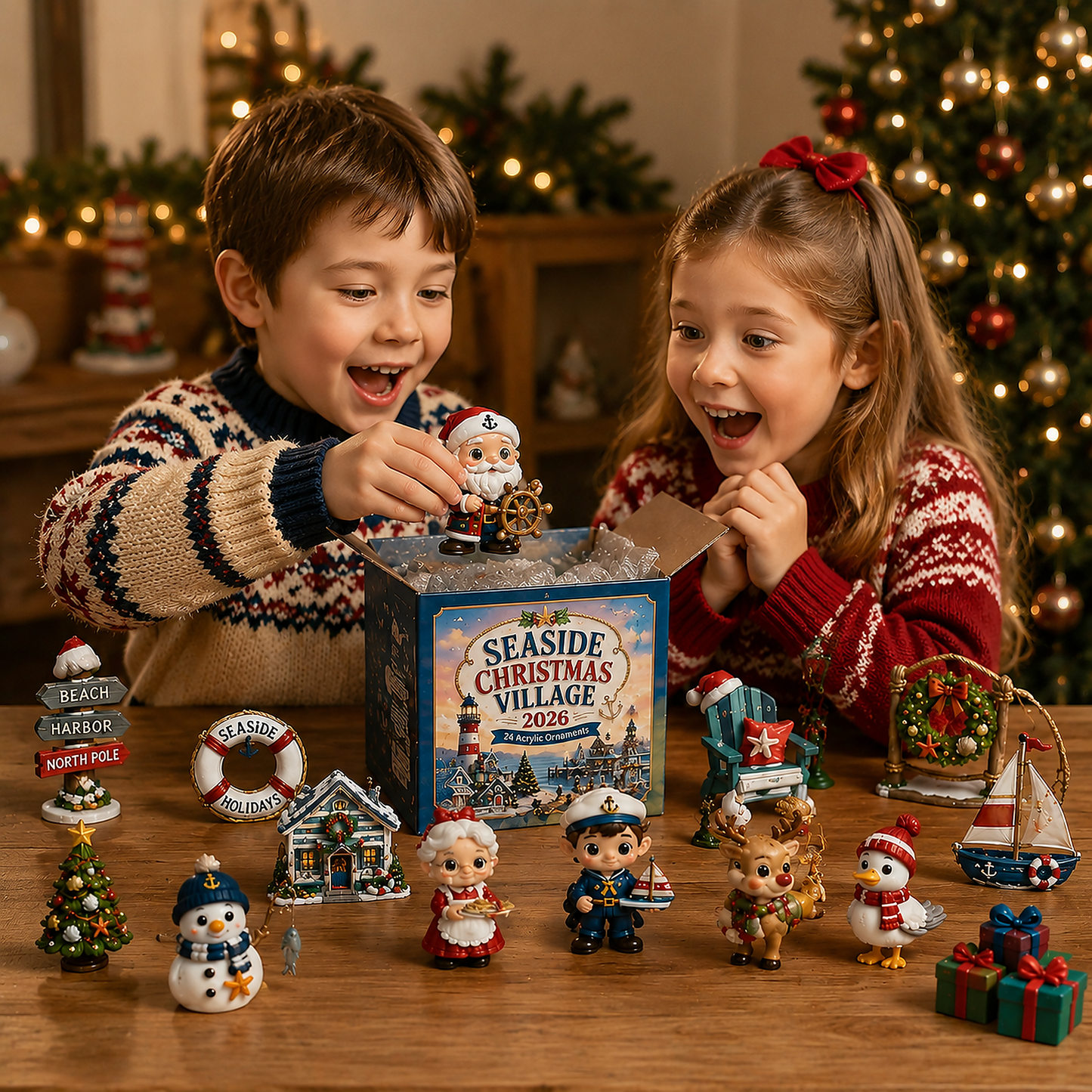 High-quality miniature model✨Seaside Christmas Village Advent Calendar 2026 - 24-Day Festive Countdown, Acrylic Charms Blind Box