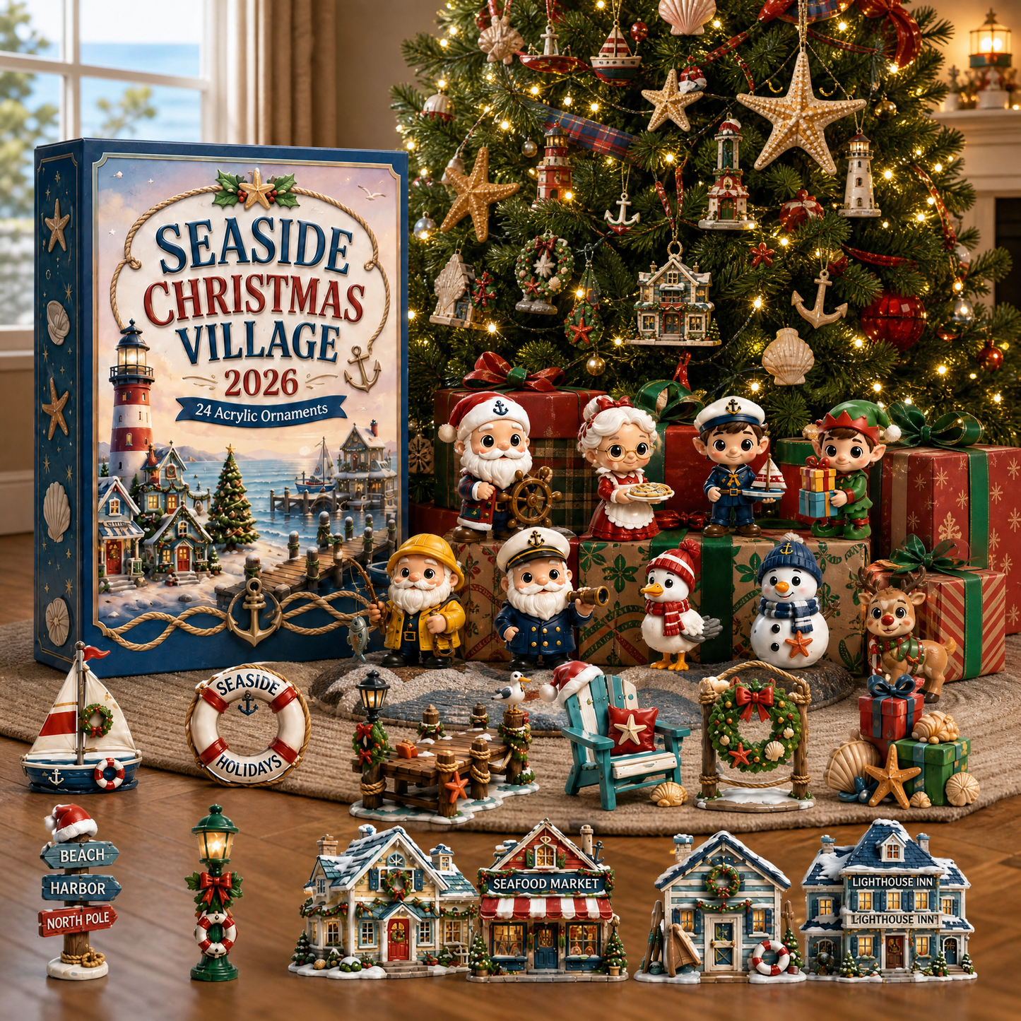 High-quality miniature model✨Seaside Christmas Village Advent Calendar 2026 - 24-Day Festive Countdown, Acrylic Charms Blind Box