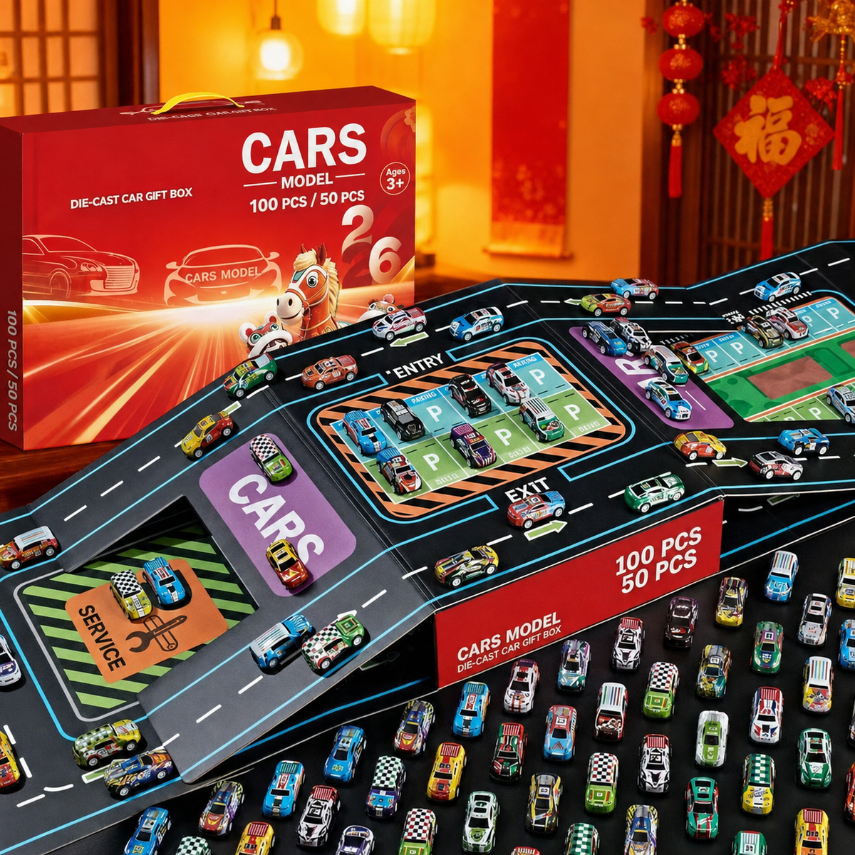 Foldable Toy Car Garage Play Set with Pull-Back Cars & Lighted Parking Deck