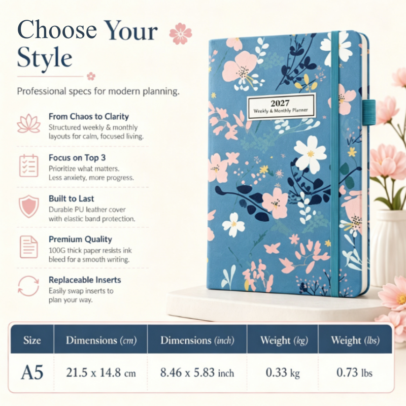 2027 Floral Weekly Planner – A5 Organizer with Monthly Index Tabs