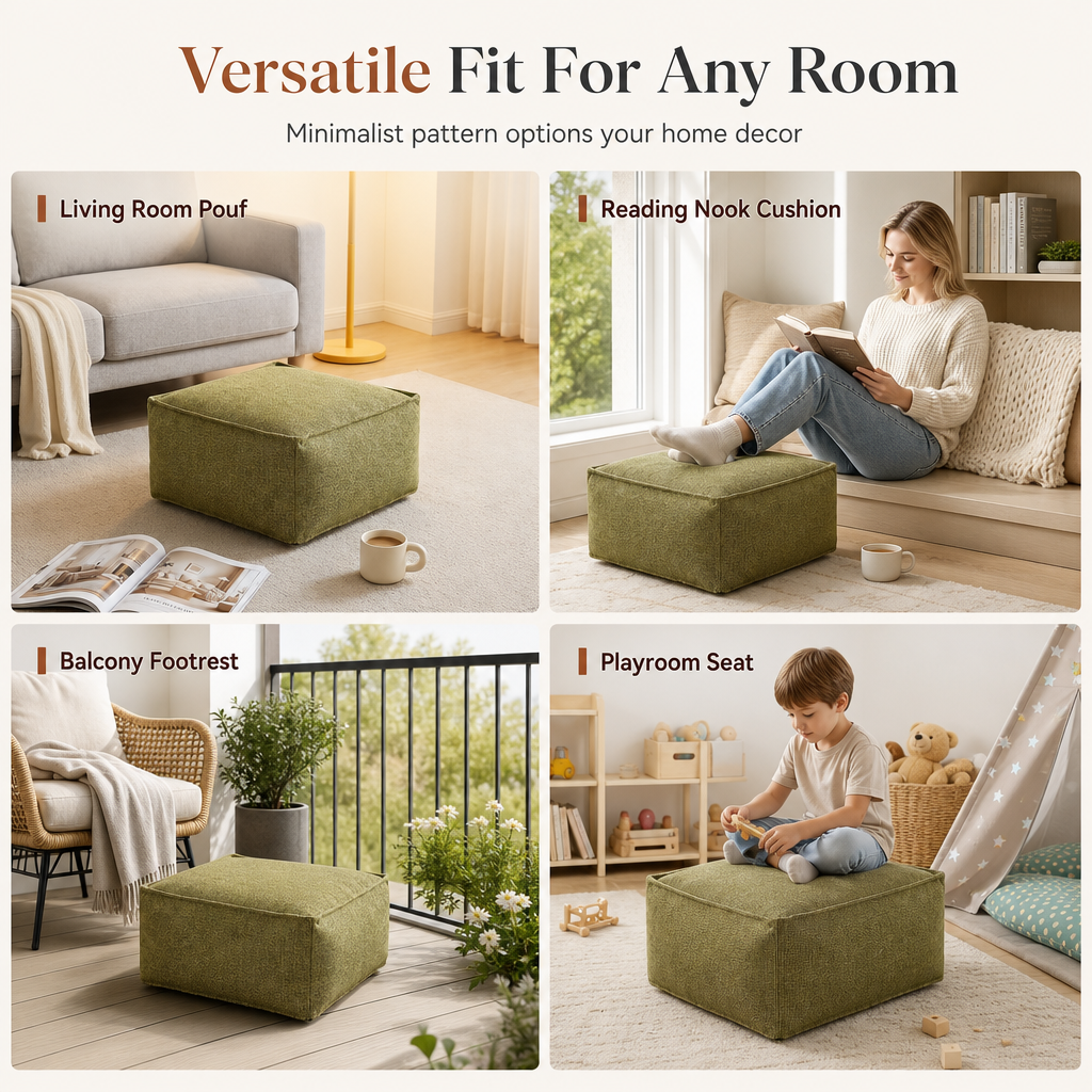 CozySpace Fill-Your-Own Storage Ottoman Cover – Square Pouf Footrest with Wide Zipper, Hidden Blanket & Clothing Storage, 10 Stylish Designs