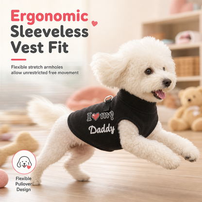 Little Love Cozy Plush Dog Vest – Warm Sleeveless Pet Sweater with Built-In Leash Ring, Cute Love Daddy & Mommy Designs