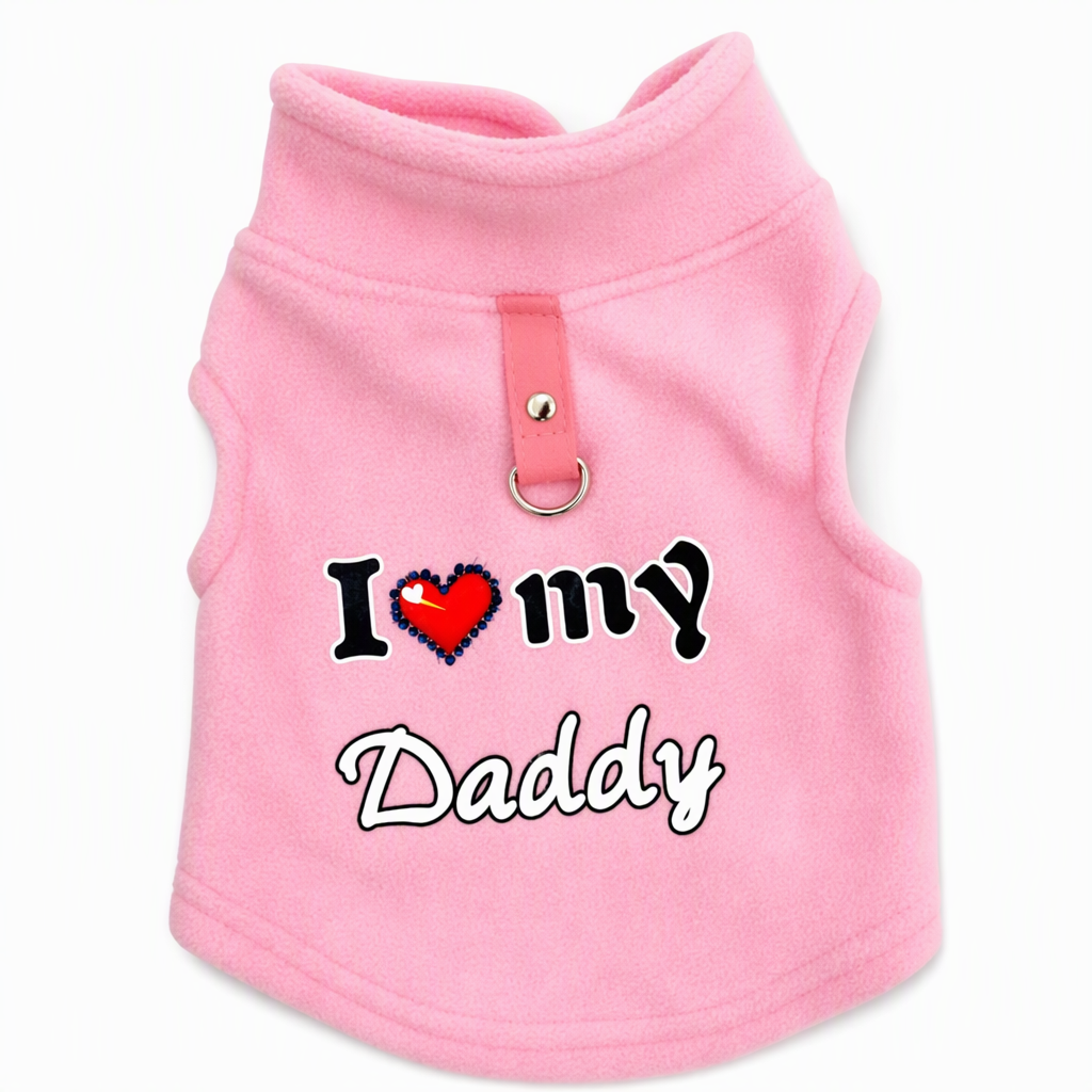 Little Love Cozy Plush Dog Vest – Warm Sleeveless Pet Sweater with Built-In Leash Ring, Cute Love Daddy & Mommy Designs